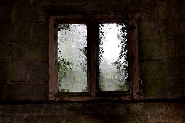 Dark window in abandoned mental hospital