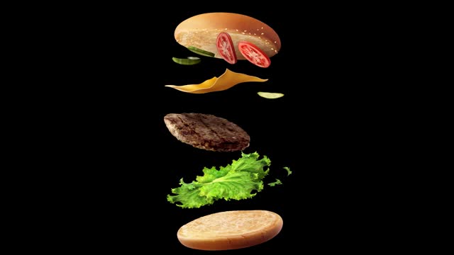 Floating hamburger on black background with lettuce, bacon, onions, tomatoes and cucumbers. Burger Animation