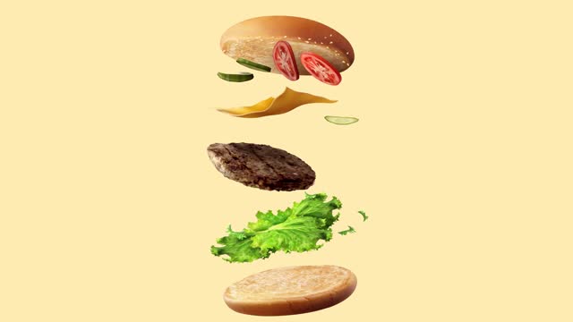 Floating hamburger with lettuce, bacon, onions, tomatoes and cucumbers. Burger Animation. Motion Video