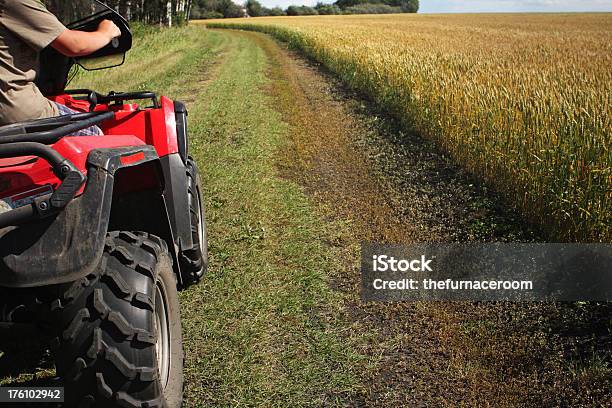 All Terrain Vehicle Driving Near A Green Farm Field Stock Photo - Download Image Now
