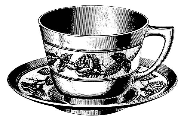 Teacup | Antique Design Illustrations "Antique 19th-century engraving of a teacup (isolated on white). Published in Systematischer Bilder-Atlas zum Conversations-Lexikon, Ikonographische Encyklopaedie der Wissenschaften und Kuenste (Brockhaus, Leipzig) in 1844.CLICK ON THE LINKS BELOW FOR HUNDREDS MORE SIMILAR IMAGES:" tea cup and saucer stock illustrations