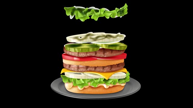 Delicious Burger on plate in white Background. Floating Burger Ingredients Animation.