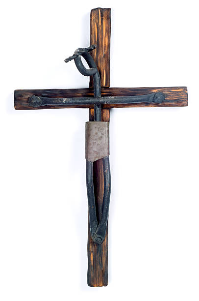 istock Wooden crucifix cross on white background 176103364