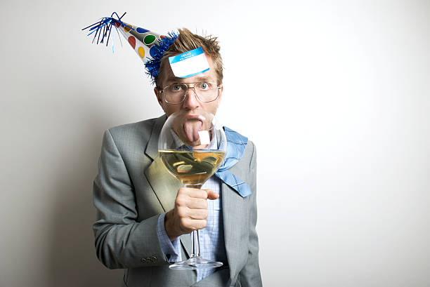 istock Drunk Businessman Office Worker Big Wine Glass at Party 176104408