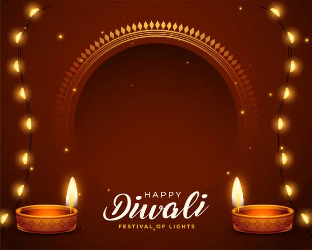 Vector illustration of happy diwali festival background with oil lamp and light festoon
