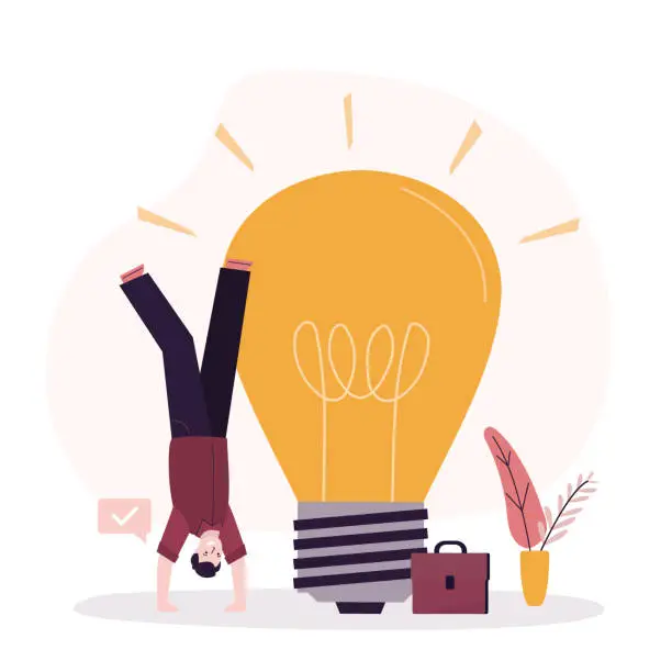 Vector illustration of Happy smart businessman upside down, leader near bright lightbulb lamp. Creative new idea, innovation start up business or inspiration to achieve success goal.