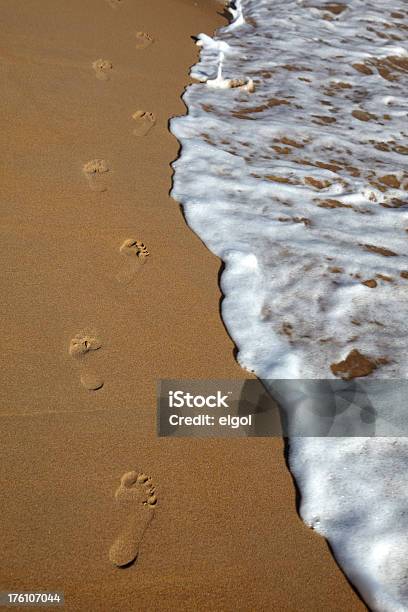 Footprints In Sand On Beach With Wave Stock Photo - Download Image Now - Beach, Coastline, Footprint