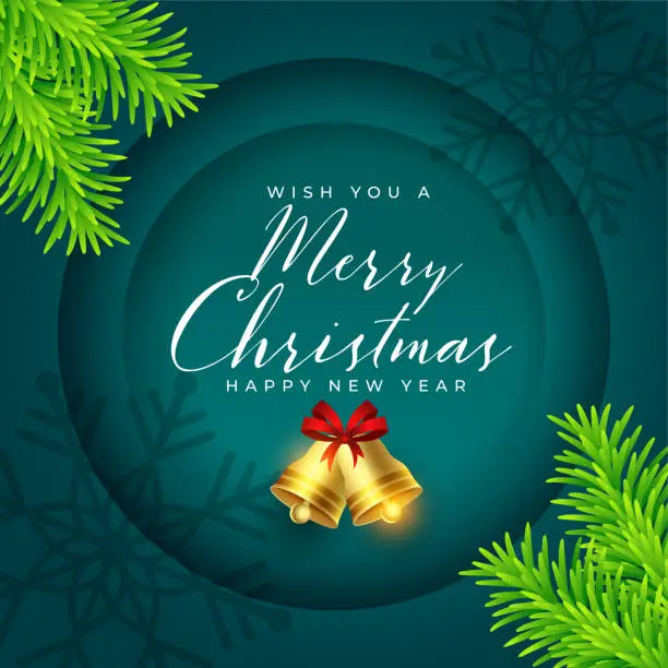 Vector illustration of decorative merry christmas invitation background with green fir and bell