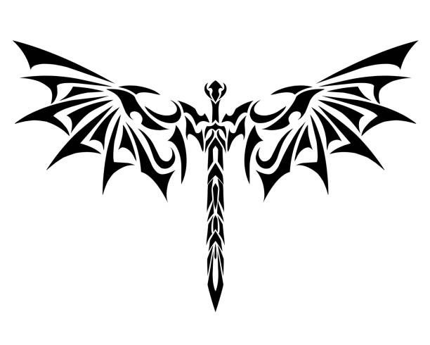 ilustrações, clipart, desenhos animados e ícones de design tribal art espada com asas de dragão - tribal art wing flame art