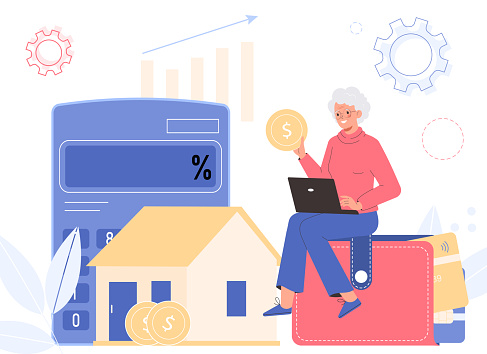 Modern woman elderly pay bills online on the website form via laptop. Monthly payments. Payments for interest rate, fees, principal and finance bills. Vector illustration