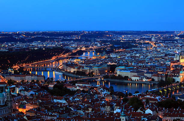 Above Prague panorama with Bridges at night – Czech Republic