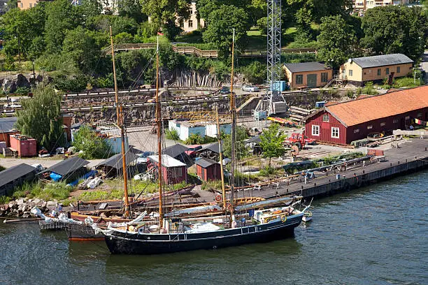 Old shipsyard in Stockholm Sweden. Vintage sailingships and old dry dock.See also my LB:
