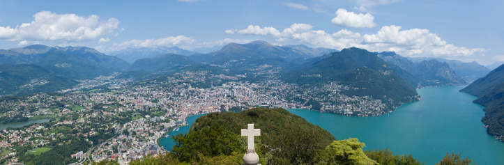 Aerial view of Lugano with lake and mountains