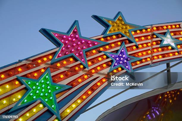 Star Lights In An Amusement Park Sign Stock Photo - Download Image Now - Amusement Arcade, Amusement Park, Amusement Park Ride