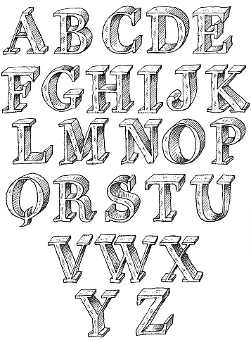 An alphabet of hand drawn capital letters, ink on watercolor paper.