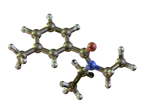 A ball and stick model of N,N-Diethyl-meta-toluamide, commonly known as DEET. The most common active ingredient in insect repellents. Isolated on white.