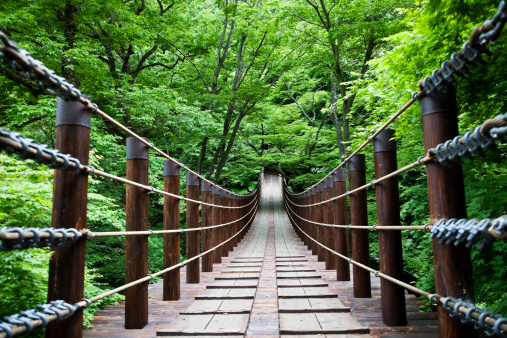 Traditional red wooden arch bridge over tranquil waterway in Sumiyoshi, Osaka, Japan's vibrant second city.