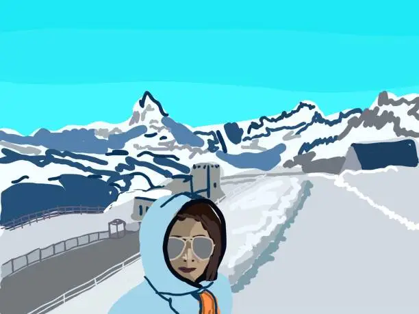 Vector illustration of Tourist selfie with Matterhorn mountain, Switzerland, line art drawing