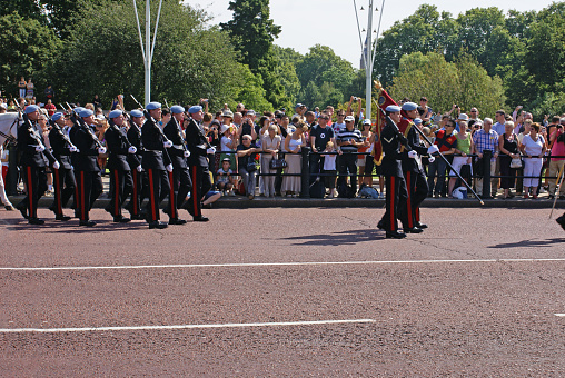 British Royal guards perform the Changing of the Guard in Buckingham Palace, United Kingdom, August 19 2009