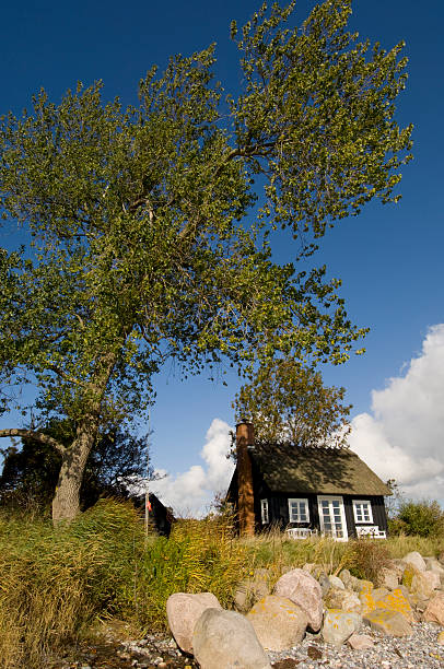 country house roof top with chimney on blue sky background