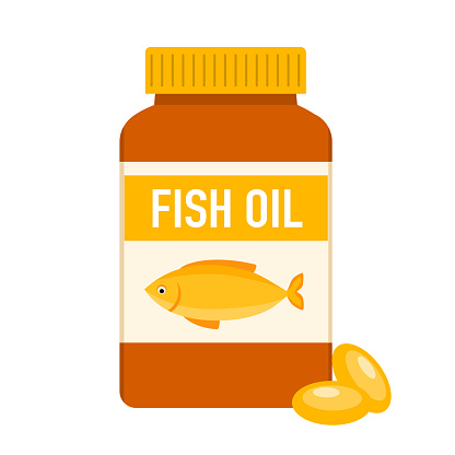 Fish oil capsules in a bottle flat design on white background.