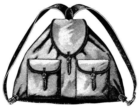 19th-century engraving of a backpack (isolated on white).