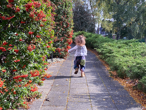 Running hippie style toddler on a sunny October day