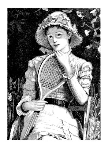 19th-century illustration of a sitting lady holding a racket (isolated on white).CLICK ON THE LINKS BELOW TO SEE SIMILAR IMAGES: