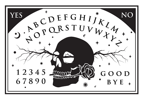 Ghosts and demons calling the game. Graphic template inspired by Ouija Board. Skeleton skull with a rose surrounded by moon, stars, and alphabet. Gothic typography.