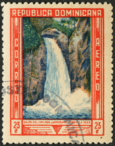 old Dominican Republic stamp with a large waterfall.