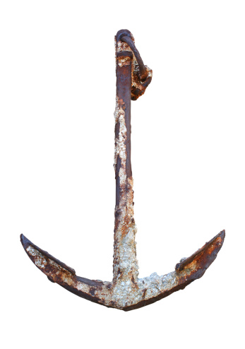 Ancient rusty anchor isolated on white.