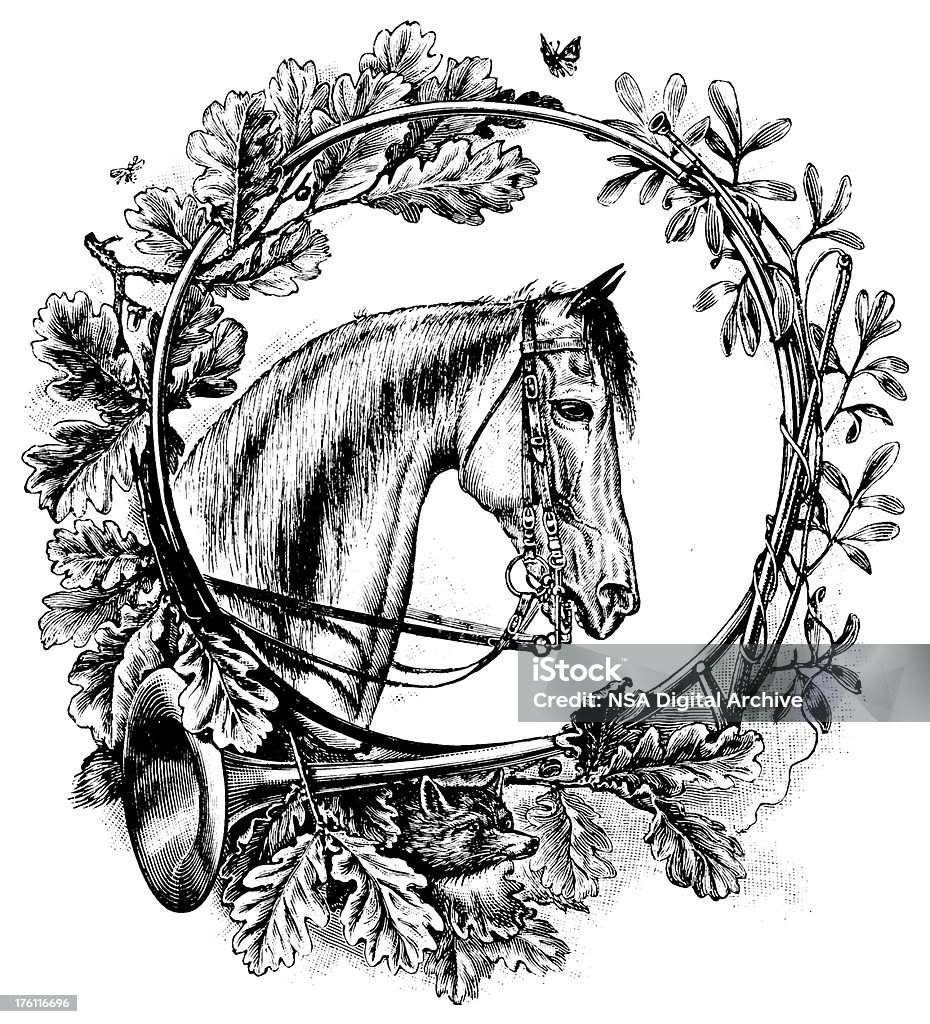 花のオーナメントに馬のヘッド/アンティークデザインのイラスト - 19世紀のロイヤリティフリーストックイラストレーション