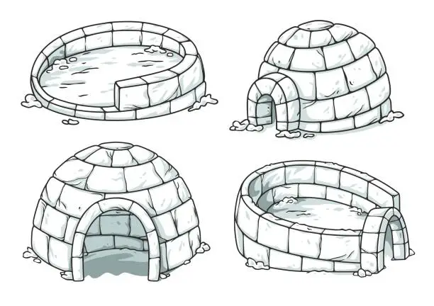 Vector illustration of Set of snow igloo, seasonal build or winter ice shelter during for sleeping