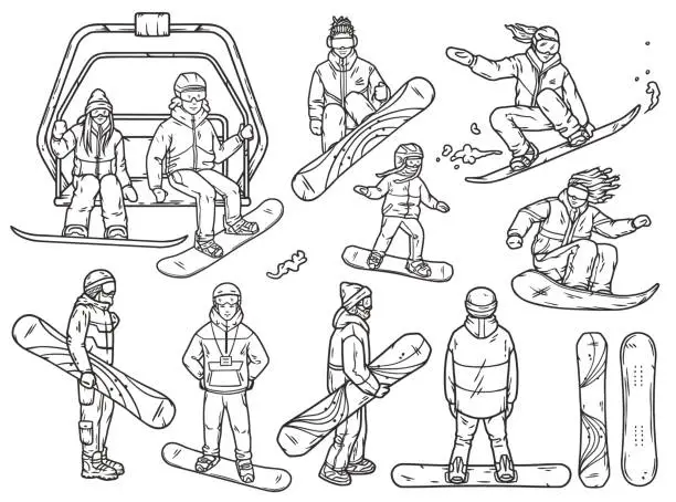 Vector illustration of Group of people in various snowboarding poses, participating in exhilarating winter sport. Season activity and competitions. Dynamic winter action and outdoor fun. Snowboard elements for design