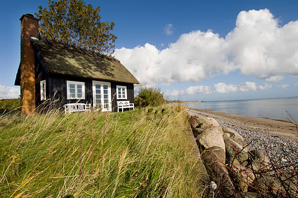 伝統的なスカンジナビア風のビーチハウスの隣、海 - denmark beach beach house house ストックフォトと画像