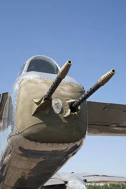 The rear guns of a restored B-25 Mitchell Bomber.