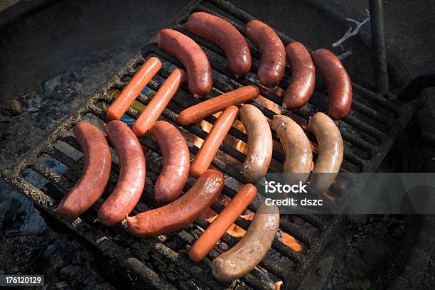 Hot Dogs Roasting On A Campfire Grill Stock Photo - Download Image Now - Barbecue - Meal, Barbecue Grill, Braised