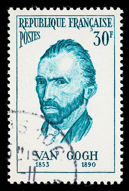 France Van Gogh postage stamp 1956 French stamp with an image of Vincent Van Gogh. DSLR with macro lens; no sharpening. vincent van gogh painter stock pictures, royalty-free photos & images