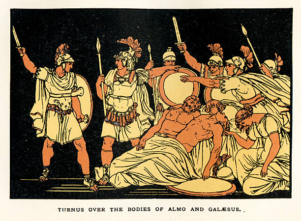 ilustrações de stock, clip art, desenhos animados e ícones de turnus sobre os organismos de almo e galaesus - ancient rome illustration and painting engraving engraved image