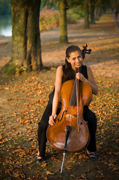 istock Young woman sitting with her cello between trees 176122332