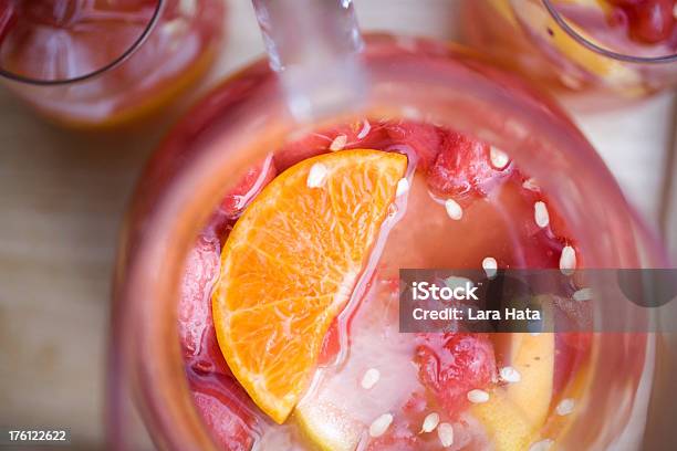 Top View Of Red Sangria Pitcher And Glasses With Orange Stock Photo - Download Image Now