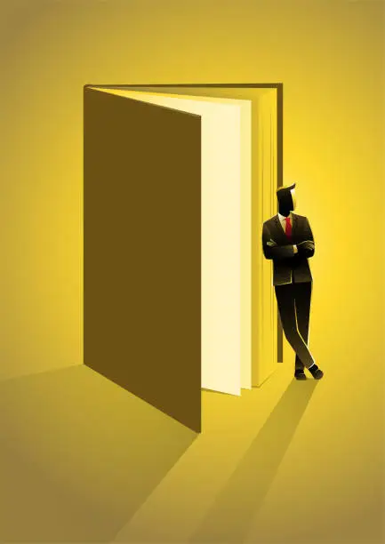 Vector illustration of Confidence businessman leaning on a giant book