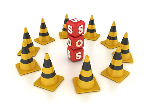 Traffic Cones with SOS Blocks - White Background - 3D rendering
