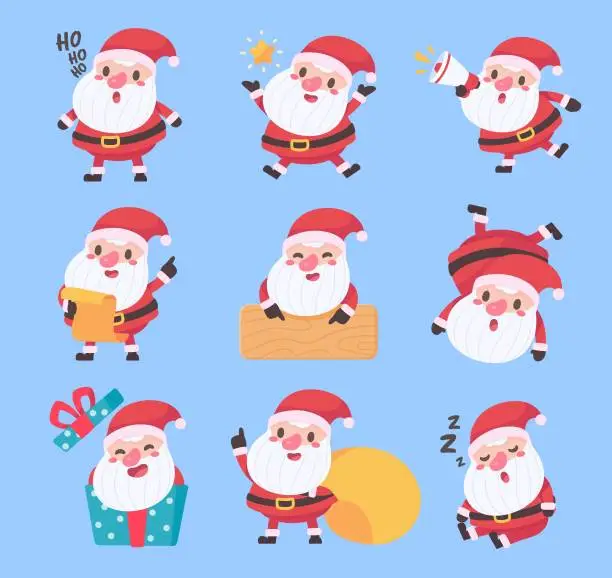 Vector illustration of Santa Claus. Fat man with a white beard. Wear a red costume in various poses. To give gifts on Christmas Day