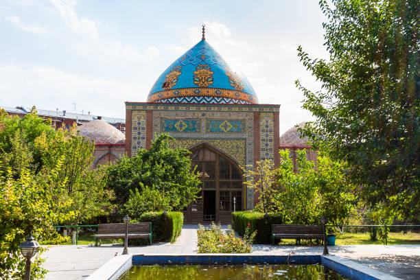 Blue Mosque building in green courtyard in Yerevan stock photo