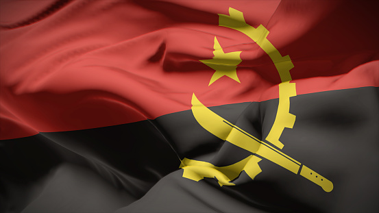 3d illustration flag of Angola. Close up waving flag of Angola.