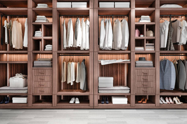 istock 3d rendering minimal scandinavian wood walk in closet with wardrobe 1761257013