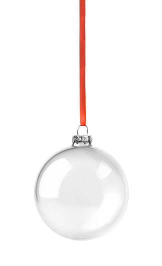 Christmas glass ball with red ribbon highlighted on white background
