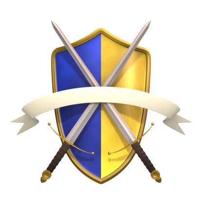 Swords and shield arranged in coat of arms pattern.Could be useful in a historical or medieval composition.This is a detailed 3d rendering.