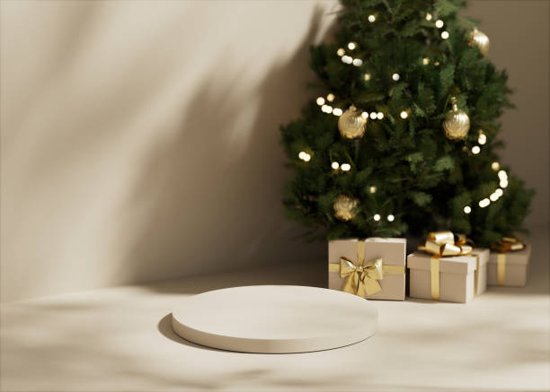 istock 3D podium display. beige background with gift box showcase for beauty product presentation or text. Christmas tree with ornaments and fairy lights Pedestal in studio. 3D render mockup 1761270223
